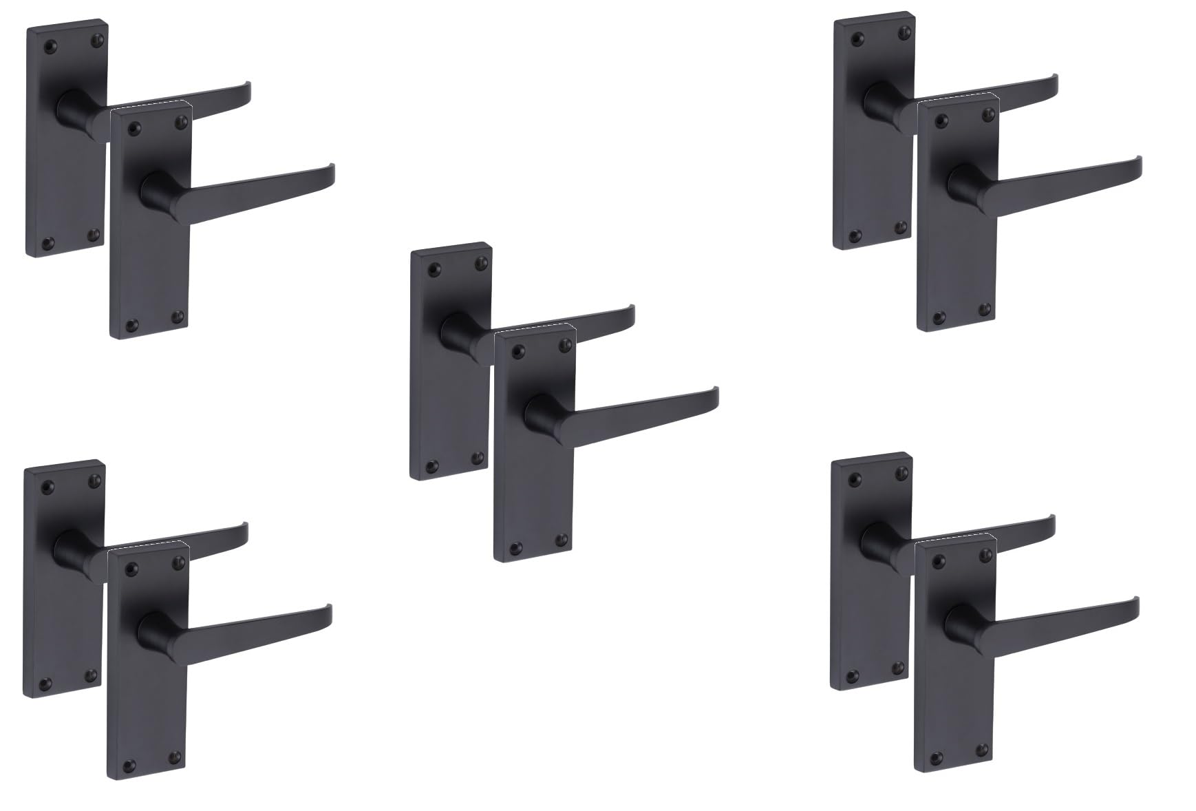Golden Grace 5 Pair of Victorian Straight Handle Latch Door Handles in Matt Black with 120mm x 40mm Backplate
