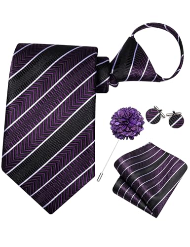 Image of Hi-Tie Zipper Ties for Men Pre-tied Tie Set Lapel Pin Pocket Square and Cufflinks Formal Business Wedding Adjustable Necktie