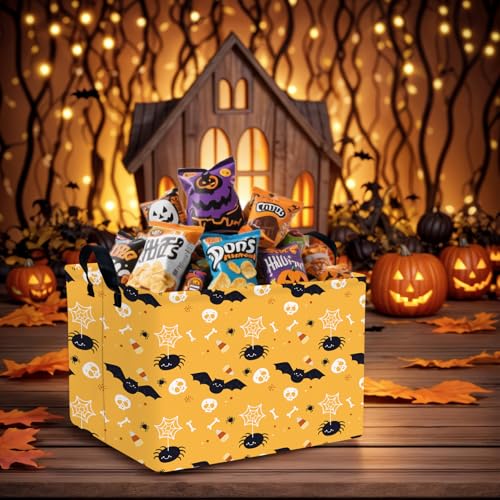 Image of Halloween Basket Gift Cute Pumpkin Ghost Parties Decor Kid Trick or Treat Basket for Boys and Girls Rectangular Storage Bin Box (Bat Spider)