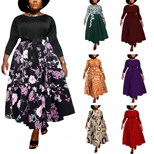 Image of Hostoyo Women Plus Size Formal A Line Maxi Dress Self Tie Waist with Pockets Elegant Round Neck Swing Long Dresses