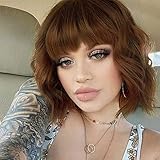 Short Wavy Bob Wigs for Women Short Auburn Curly Bob Wig with Bangs for Women Light Brown Color...
