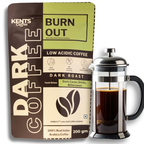 Image of Kents Coffee Burn Out - Dark Roast Coffee (Coarse Grind) | LOW ACIDIC COFFEE | Bold, Smoky, Bittersweet | French Roast | Channi & French Press | Low Acidity & Gut Friendly | Chikmangalur Single Estate Premium Arabica Powder | Dark Roast Grind | Vienna roast | Speciality Coffee | 200gm