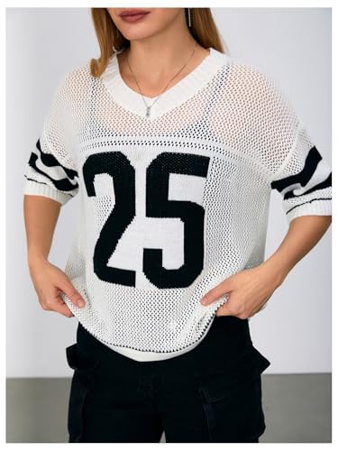 Image of Verdusa Women's Jersey Shirts Hollow Out Pullover Sweaters Number Print Short Sleeve Knit Tops