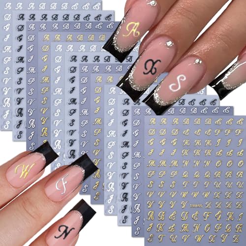 12 Sheets Letter Nail Art Stickers Decals 3D Self Adhesive Letter Nail Stickers for Nail Art Black White Silver Gold Retro English Nail Decals Letters Nail Design Nail Art Supplies
