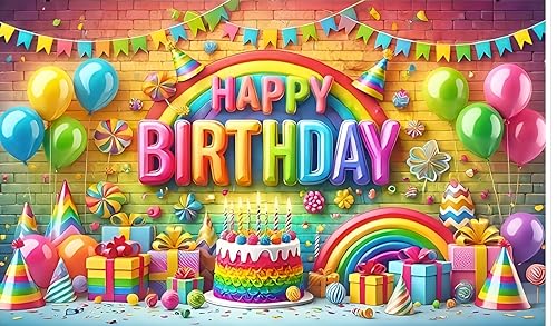 Image of Backdropon Rainbow with Cake Themed Happy Birthday Design Backdrop for Birthday Decoration Traditional /Background Curtain Cloth for Party /Festival Size 5 Feet Height and 8 Feet Width(5 * 8)