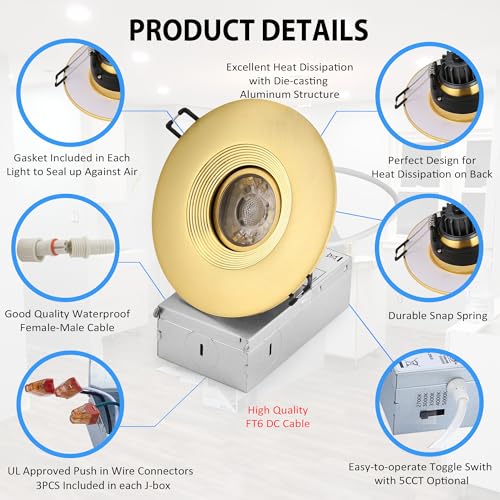 Image of POPANU Premium 4-inch LED Recessed Lights - 5 CCT 4 Inch Eyeball Ceilling Gimbal Potlight, Dimmable Recessed Lights Fixture with Junction Box, 8W CCT Adjustable, Shiny Gold, with Baffle, 6P