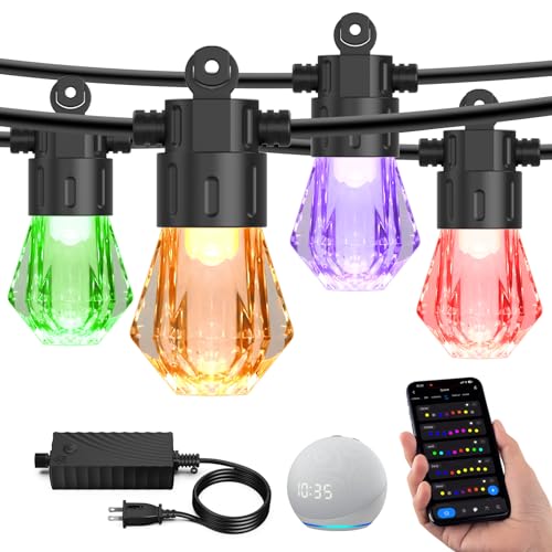 XMCOSY+ 96FT Smart Outdoor String Lights - RGBCWIC Dimmable Acrylic Bulbs Color Changing LED Patio Lights APP WiFi Control Compatible with Alexa IP65 Waterproof Outdoor Lights for Backyard Porch
