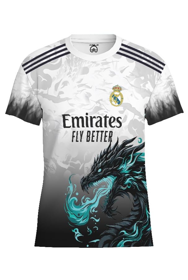 Image of Real Madrid Dragon Jersey, White and Black Gradient, Turquoise Dragon Design, Football Club Crest