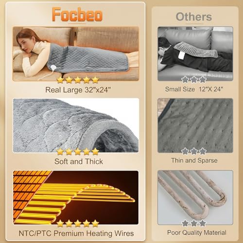 King Size Heating Pad for Back 32"x24" Extra Large Electric Heating Pad for Body Neck Shoulder Auto Shut Off Heat Pad Temperature Settings Machine Washable Gray - Image 5