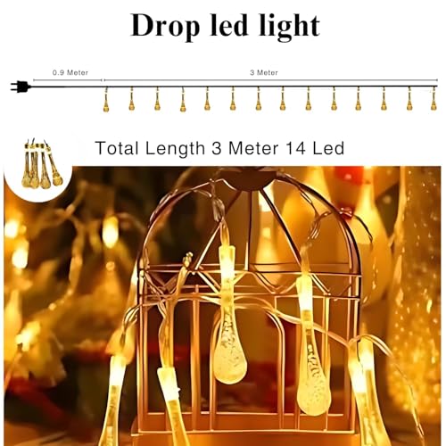 Image of One94Store Drop String Lights - 14 LED, 3 Meter, Warm White, Waterproof Decorative Fairy Lights for Indoor /Outdoor, Garden, Diwali, Christmas, Wedding (Warm White)