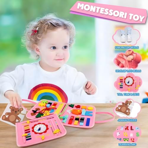 Image of Cable World Montessori Busy Board for Toddlers 2-5 Years, 25+ Learning Activities, Sensory Travel Toy, Quiet Book with Alphabet, Clock, Calendar, Jigsaw Puzzle, Fine Motor Skills Dino Theme - Pink