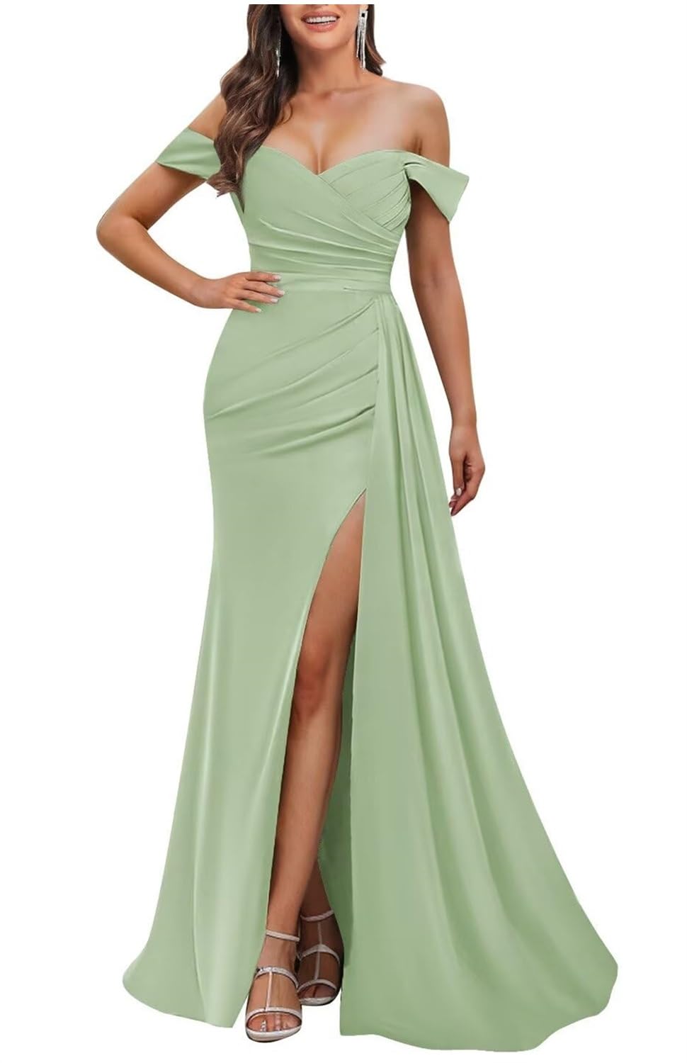Yiann Women's Sage Green Off Shoulder Satin Bridesmaid Dresses For With Slit Pleated Mermaid Satin Prom Dress Formal Gown Uk12