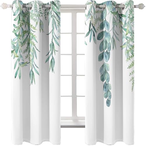 Homxi Cortina Opaca de Habitación 2 Piezas Moderna,2 x 234W x 229H CM,Cortinas Salon con Ojales Patrón de Hojas de Ramas Cortinas Verde Blanco para Ventana de Cocina