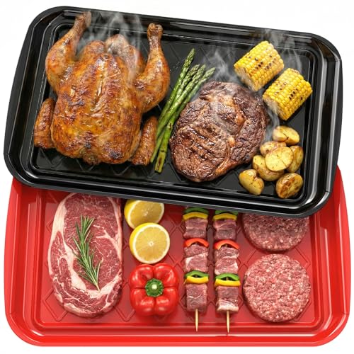 StackTastic Grilling Prep & Serving Tray, Set of 2 Stackable Plastic BBQ Trays for Raw and Cooked Food, Dishwasher Safe, 17'×10.5' Outdoor Cooking, BBQ Accessories for Parties, Red & Black