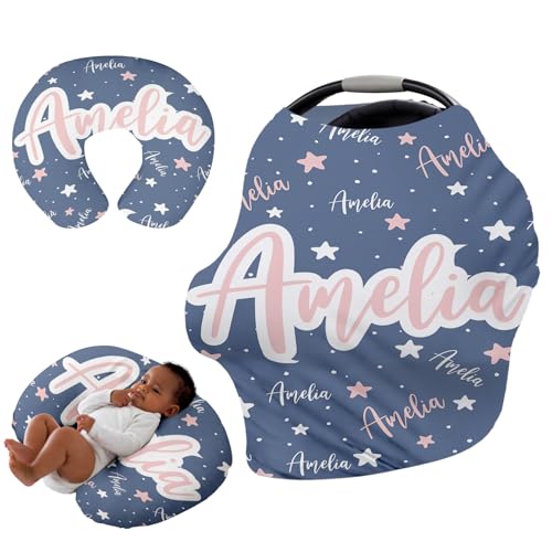 Image of Personalised Car Seat Cover for Girls and Boys - 7 in 1 Multipurpose Breast Feeding Cover, Blue Star Nursing Cover, Grocery Cart Cover - Birthday Gift for Babies