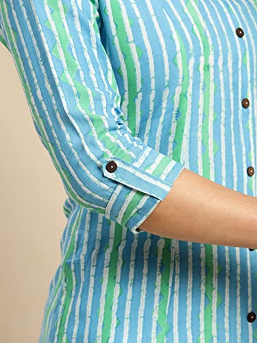 Image of rangita Women's Rayon Relaxed Fit Straight Calf Length Striped Front Slit Kurti | Kurta