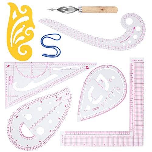 Curve Ruler Acrux7 Sewing Tool 8 Style Set, French Metric Curve Ruler Measure Ruler with Stitching Wheel Tool for Dressmaking, Tailoring, Fashion Designing, Pattern Making, DIY Clothing