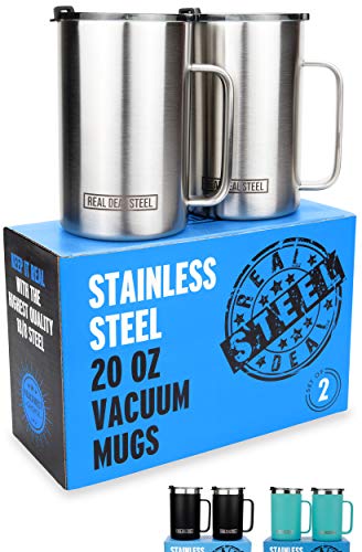 Stainless Steel Vacuum Insulated Mugs: 20 oz Large Double Wall Coffee Mug, Set of 2 with Lid and Handle, Camping Mug that Keeps Coffee Hot, Beer Mug that Keeps Beer Cold (Stainless Steel)
