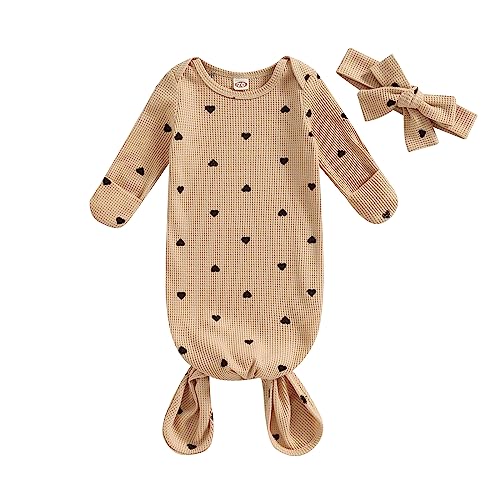 Image of DuAnyozu Knotted Gown Baby Newborn Sleeping Bag Heart Print Sleep Sack Infant Girl Sleeper Valentines Pjs Set with Headband (Khaki, 0-3 Months)