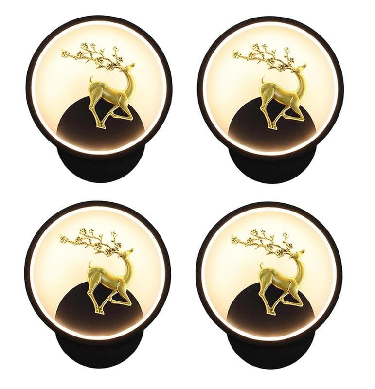 Image of Home Decore Led Fancy Wall Light,Night Lamp,Decorative Lamp,Wall Hanging Lights for Bedroom,Living Room,Color(Warm White+Natural White+Cold White).(Black Round Deer)(pack of 4)