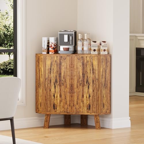 Armario Esquinero Industrial De 3 Niveles: Mueble De Almacenaje Triangular Que Ahorra Espacio Con Puertas Acanaladas y Estante Ajustable. Organizador Multiusos Para Sala, Cocina y Comedor. Marrón/Negr