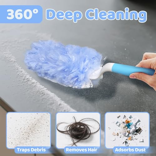 Image of 360 Dusters Refills for Cleaning - 80 Count Disposable Feather Duster Kit with 2 Handles, Multi-Surface Microfiber Feather Dusting Cleaner for Furniture Blinds Windows Ceiling Fans (Blue)