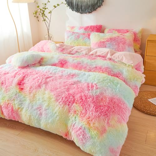 Faux Fur Fluffy Rainbow Comforter Cover Queen Set – Plush Faux Fur Rainbow Bedding 3-Piece Set (1 Duvet Cover + 2 Furry Pillow Shams) Cozy Bed Set