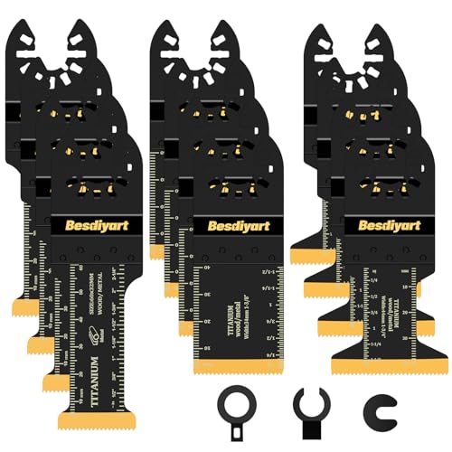 Besdiyart 12 Pcs Titanium Coating Oscillating Saw Blades, 28mm 34mm 44mm Multi-Tool Saw Blades for Metal and Wood, Universal Quick-Lock Multi-Tool Accessories