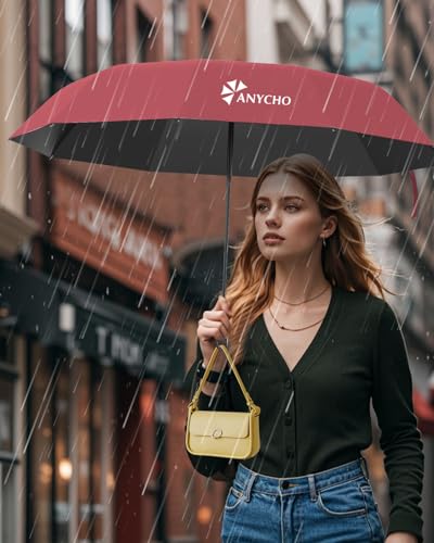 Image of ANYCHO Umbrella for Women 3 Fold with Carabiner Handle - Small Size for UV Protection & Rain - Automatic Pocket Umbrella for Men, Women and Kids