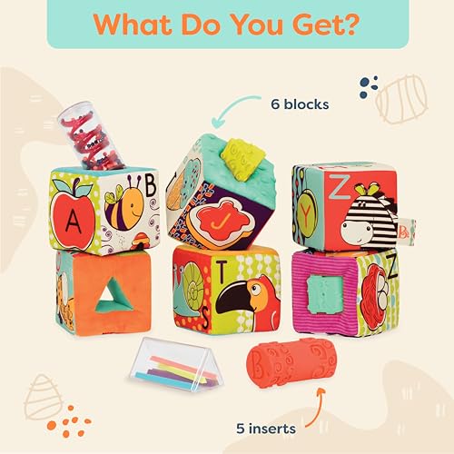 Image of B. toys Soft Fabric Building Blocks, ABC Block Party, Baby | 6 soft alphabet blocks plus 5 chunky sensory shapes for stacking, letters, colors, animals, and shapes, Baby, 6+ Months