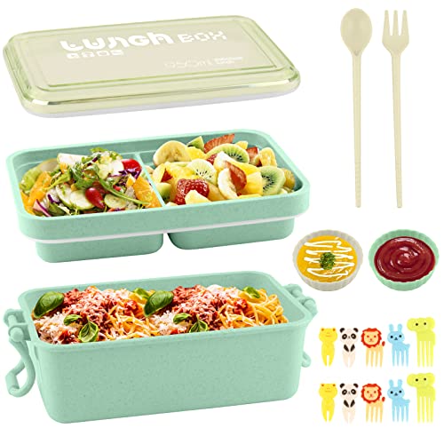 Bento lunch Box, 3 Compartments Lunch Containers, Japanese Stackable Bento box, LeakProof Meal Prep Containers, BPA Free, Microwave Safe (Green Bento)