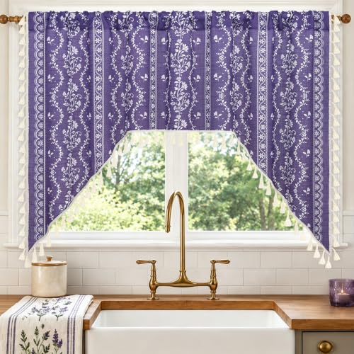 Image of Yinhua Boho Swag Valance Curtains Vintage Linen Valances for Windows Light Filtering Floral Kitchen Valance Rod Pocket Rustic Tassel Window Valances for Bathroom Cafe, 60 inch W x 36 inch L, Purple