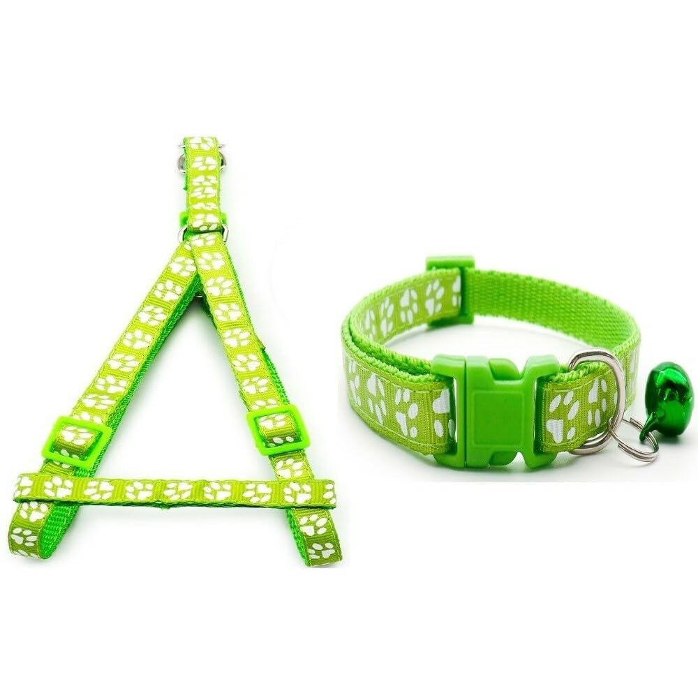 Small Dog Puppy Pet Collar and Harness Set Pawprint Design Nylon Adjustable Neck Size 19-32cm and Chest Size 21-34cm Lime Green - Image 2
