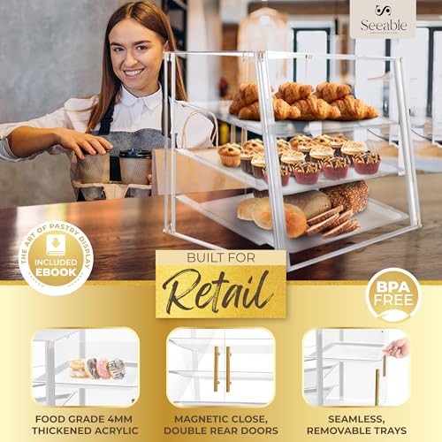 Seeable 198168154298 3 Tray Commercial Bakery Display Case Countertop With Rear Doors & Gold Accents, Acrylic Pastry Display Case Cabinet For Exquisite Dessert Display, Cookie Display & Food Display thumb #1