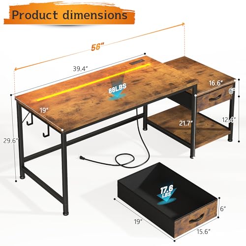 Image of DurayLoly 56 inch Computer Desk with Printer Shelf & Power Outlets - Reversible Gaming Desk with LED Lights, Drawer & Headphone Hook for Teen Bedroom, Dorm, Home Office, Rustic Brown
