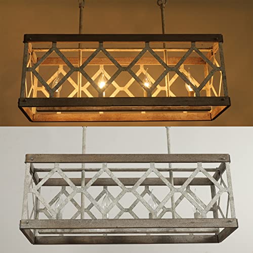 Docheer Farmhouse Island Chandelier Light Fixture, 4-Light Distressed White Wood Chandeliers For Dining Room, Rectangular Rustic Hanging Lighting Over Table #TOP4