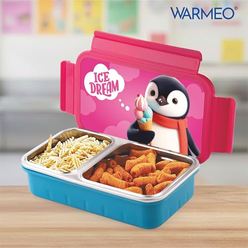 Image of WARMEO Cosmic 3D Print Insulated Lunch Box with Two Compartment BPA Free, Kids Lunch Box,Food Grade Ideal for School, Picnic,& Outdoor - 600 ml Penguin, Stainless Steel
