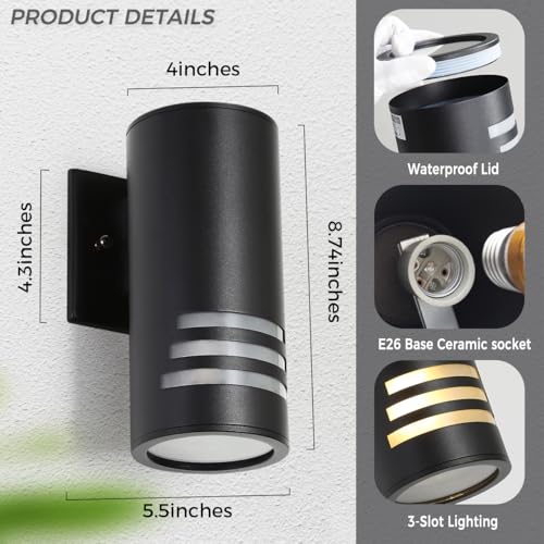 Image of Cerdeco Aluminum Outdoor Wall Sconces,Cylinder Porch Light with 3 Slots and Frosted Glass,Modern Outdoor Wall Light Fixture,Black Finished[ ETL-Listed ]