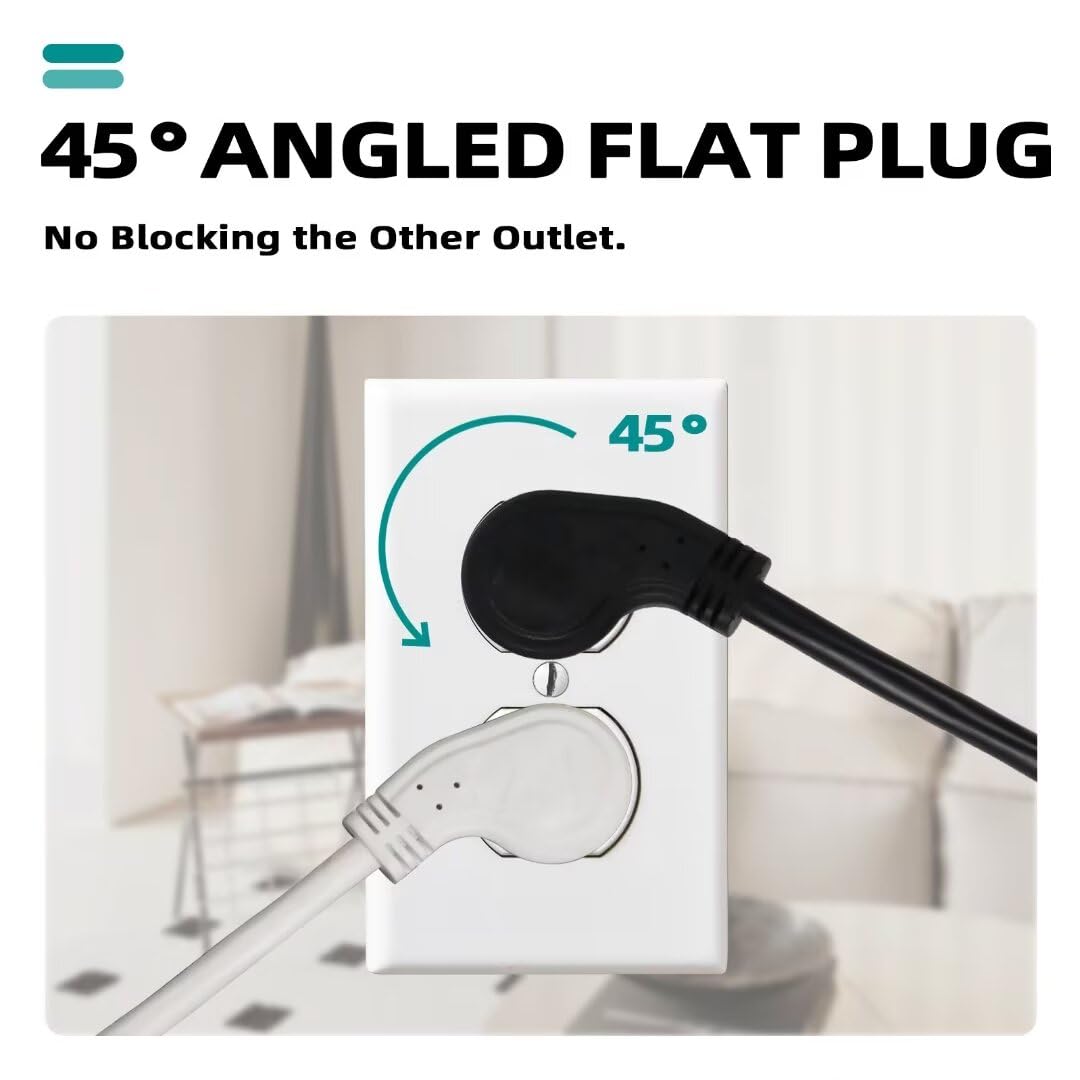 Cable de extensión de enchufe plano de 10 pies, cable de extensión de perfil bajo negro de 16 AWG, 3 puntas, para interiores y exteriores, certificación UL