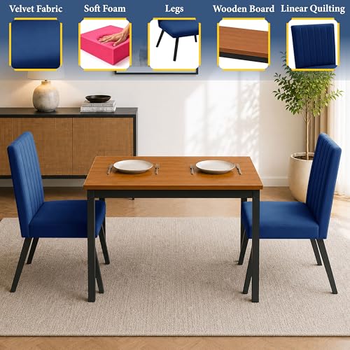 Image of Rosebell Set of 2 Dining Table Chairs with Wooden Top Table, Upholstered Cushioned Chairs, Modern Compact Dining Set for Home, Kitchen & Dining Room (Blue)