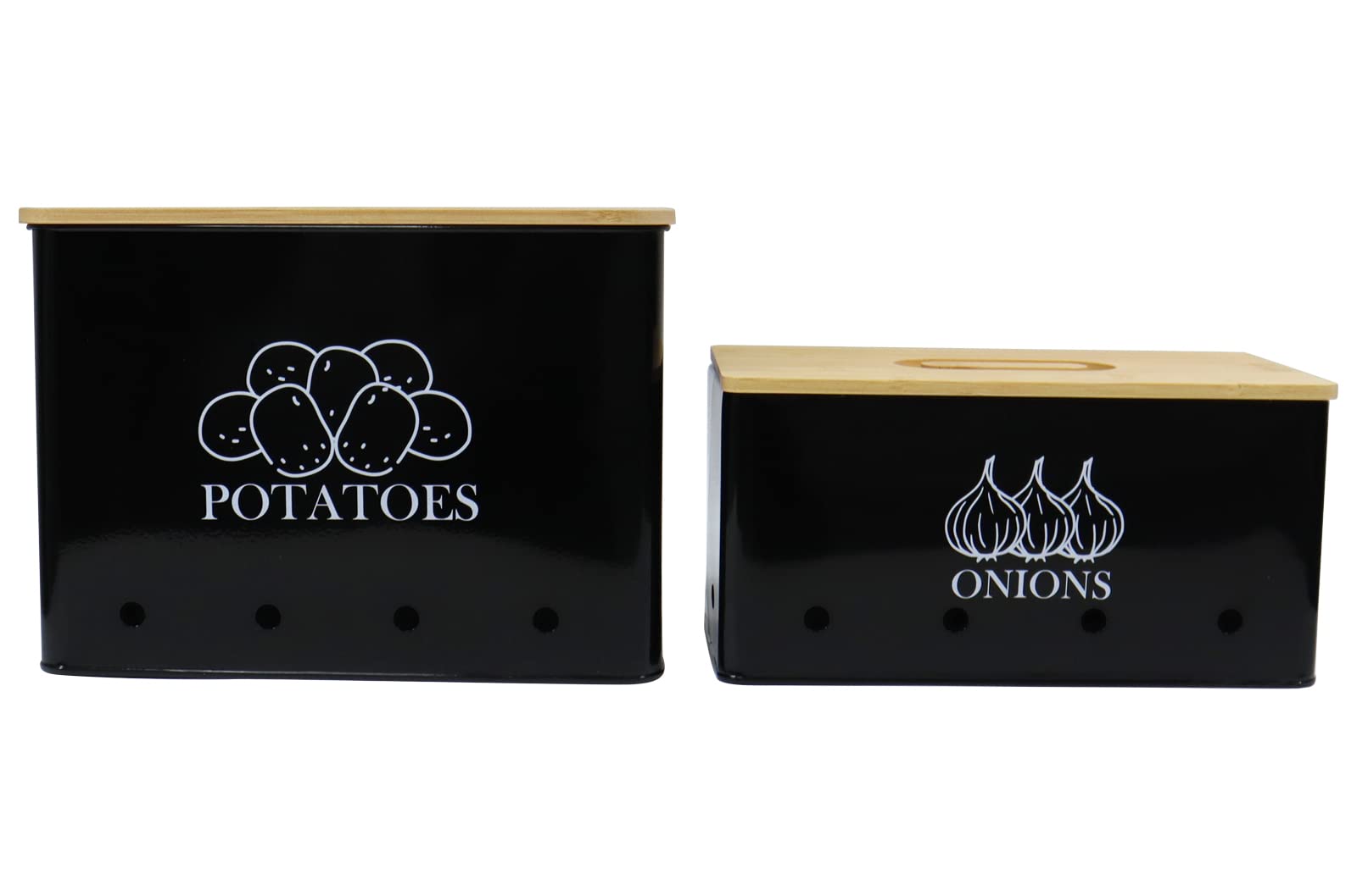 Xbopetda Potato Onion Storage Box, Food Container Sets, Storage Canisters for Vegeatables, Set of 2 Jars Pots Containers, Potato & Onion Bin with Aerating Tin Storage Holes & Wooden Lid-Black