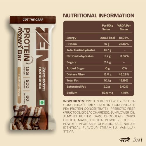 Image of ZEN Protein Dessert Bar Tiramisu Fudge Pack of 6 (50g Each) | 15g Protein, 13 gram Fiber, 200 Calories, 6g Net Carbs | No Added Sugar | No Palm Oil | Healthy Snack