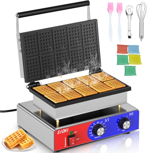 HTTSICHI Square Waffle Maker - Commercial Waffle Iron w/Non-stick Baking Pans, 550 ℉ Temperature and Timers, 1550W Hotel Waffle Machine for Double Baking, Professional Stainless Steel Waffle Maker