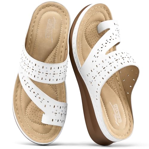 SHIBEVER Women's Wedge Sandals Dressy: Comfortable Summer Casual Sandal Orthopedic Walking Platform Shoes White Size 8