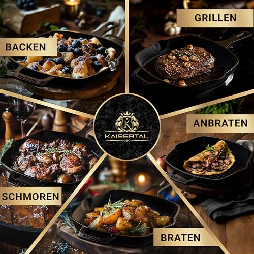 Foto von KAISERTAL Grillpfanne Gusseisen 27cm – Steakpfanne & Gusspfanne Induktion – Gusseisenpfanne Grill für Gasgrill & Backofen – Eisenpfanne Outdoor & Indoor – Cast Iron Pan Skillet