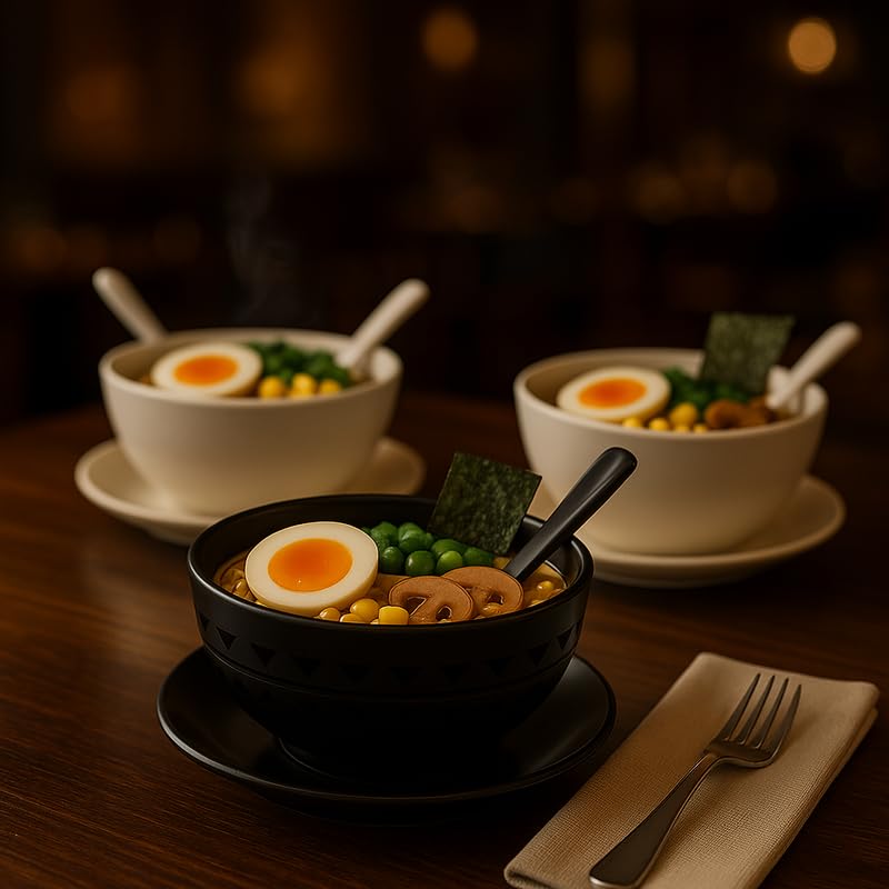 Image of Ariya Melamine Soup Bowl Set of 6 (Black /Plain, 350 ml) with Spoon & Saucer|Microwave & Dishwasher Safe|Premium Serving Bowls for Soup, Noodles, Cereal, Pasta & Oatmeal|Durable,Serving Bowls Sets