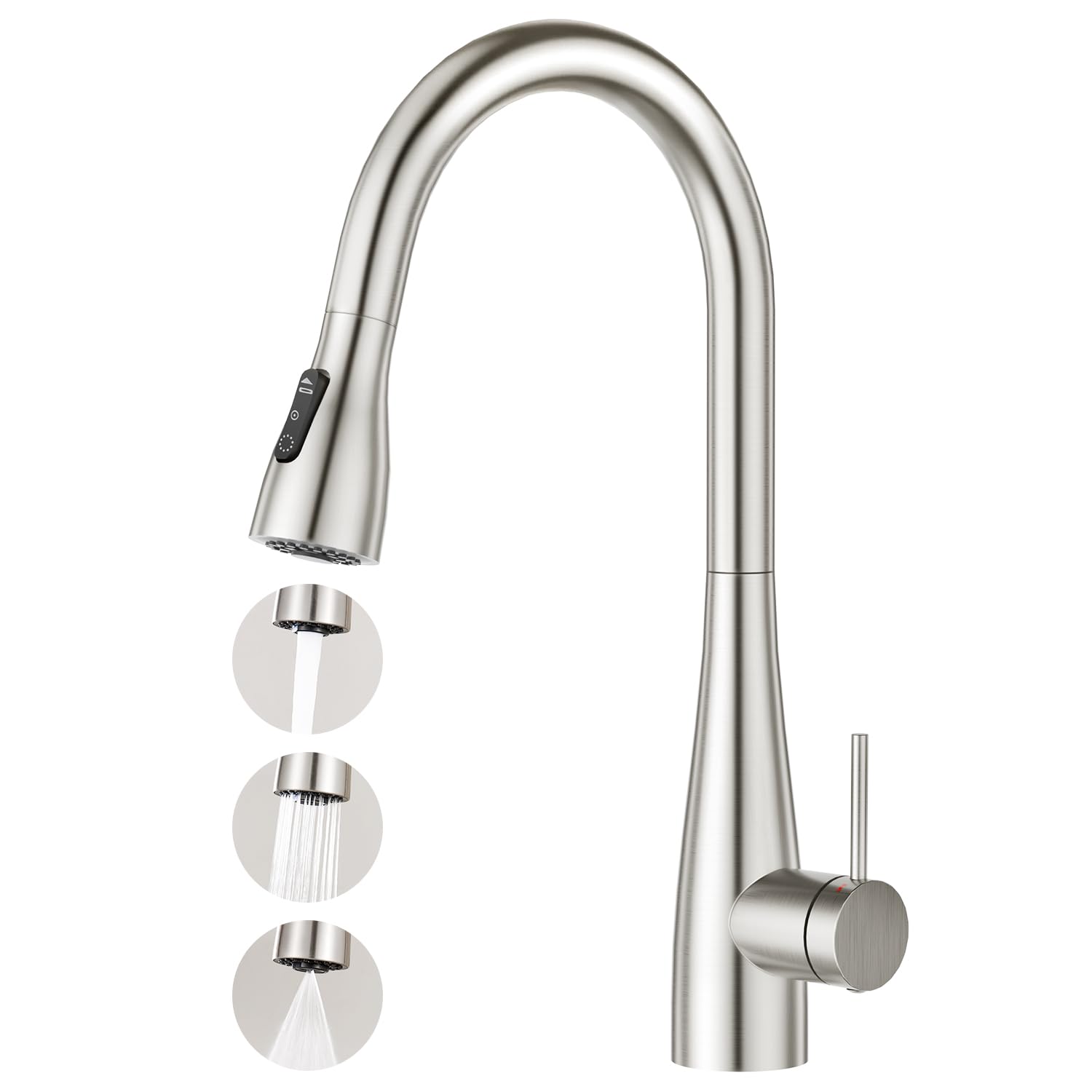 CREA Robinet de cuisine avec douchette extensible, Robinet de cuisine avec 3 types de jet d'eau, Mitigeur monocommande haute pression avec douchette, Pivotant à 360° en acier inoxydable, Brossé