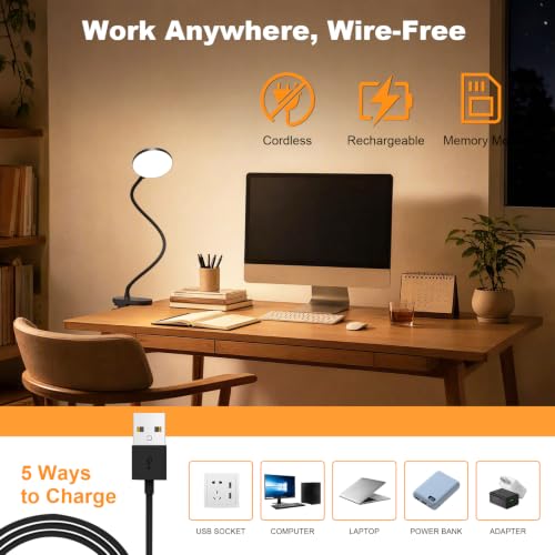 Image of 97 LED Battery Reading Lamp Bed - 3 Colour Modes & 10 Brightnesses: 2000 mAh Clamp Lamp with USB-C, 40 cm Flexible Gooseneck, Book Lamp, Clamp Light for Bedroom, Desk & Camping