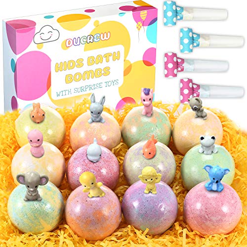 DUCREW Kids Bath Bombs with Surprise Toys Inside,12 XL Natural and Organic Bath Bombs Gift Sets for Kids/Boys/Girls/Women to Moisturize Skin, Natural and Safe For Kids