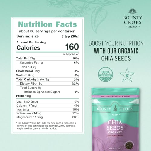 Bounty Crops Organic Chia Seeds, High in Omega-3, Fiber & Antioxidants, 2.5 lb, 38 Servings